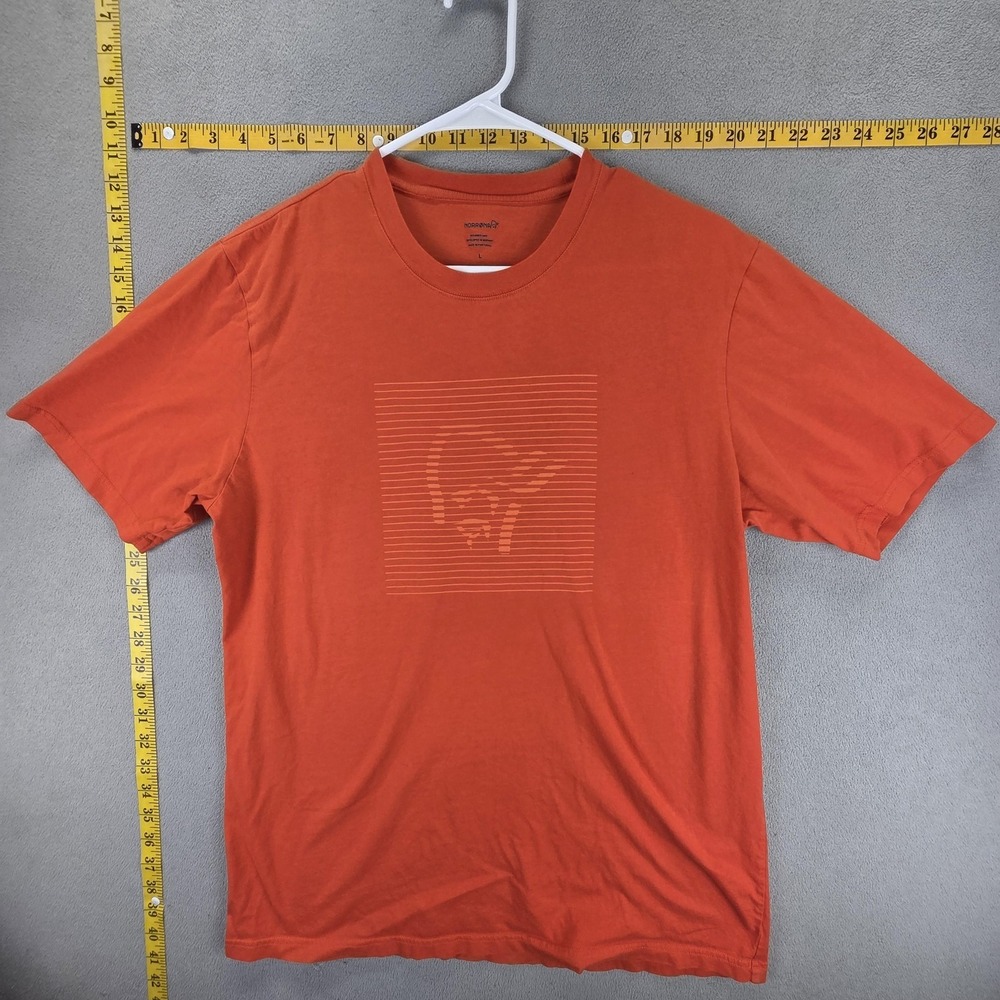 Norrøna Shirt Mens Large Orange Logo Graphic Tee Outdoor Norway Tagless Crewneck